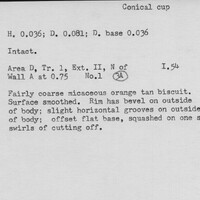 Index card with typed and handwritten information, sometimes including a sketch, of pottery from an excavation.