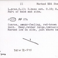 Index card with typed and handwritten information, sometimes including a sketch, of pottery from an excavation.