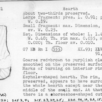 Index card with typed and handwritten information, sometimes including a sketch, of pottery from an excavation.