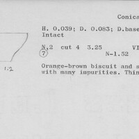 Index card with typed and handwritten information, sometimes including a sketch, of pottery from an excavation.