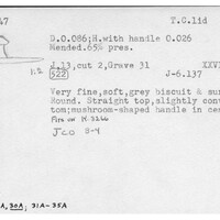 Index card with typed and handwritten information, sometimes including a sketch, of pottery from an excavation.