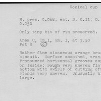 Index card with typed and handwritten information, sometimes including a sketch, of pottery from an excavation.