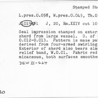 Index card with typed and handwritten information, sometimes including a sketch, of pottery from an excavation.