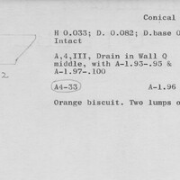 Index card with typed and handwritten information, sometimes including a sketch, of pottery from an excavation.