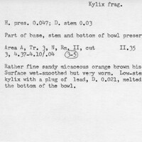 Index card with typed and handwritten information, sometimes including a sketch, of pottery from an excavation.