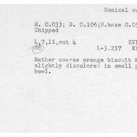 Index card with typed and handwritten information, sometimes including a sketch, of pottery from an excavation.