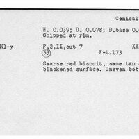 Index card with typed and handwritten information, sometimes including a sketch, of pottery from an excavation.