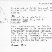 Index card with typed and handwritten information, sometimes including a sketch, of pottery from an excavation.