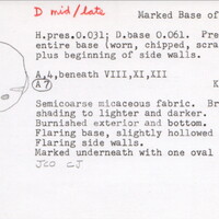 Index card with typed and handwritten information, sometimes including a sketch, of pottery from an excavation.
