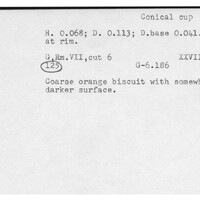 Index card with typed and handwritten information, sometimes including a sketch, of pottery from an excavation.