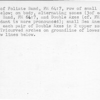 Index card with typed and handwritten information, sometimes including a sketch, of pottery from an excavation.