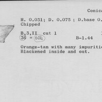 Index card with typed and handwritten information, sometimes including a sketch, of pottery from an excavation.