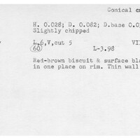 Index card with typed and handwritten information, sometimes including a sketch, of pottery from an excavation.