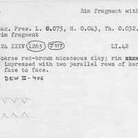 Index card with typed and handwritten information, sometimes including a sketch, of pottery from an excavation.