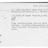 Index card with typed and handwritten information, sometimes including a sketch, of pottery from an excavation.