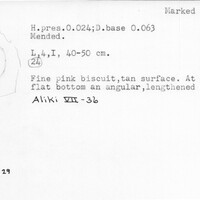 Index card with typed and handwritten information, sometimes including a sketch, of pottery from an excavation.
