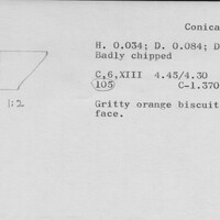 Index card with typed and handwritten information, sometimes including a sketch, of pottery from an excavation.