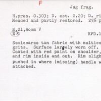 Index card with typed and handwritten information, sometimes including a sketch, of pottery from an excavation.