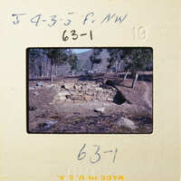 Old stone ruins with trees and mountains in the background, captured on a vintage photographic slide.