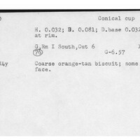 Index card with typed and handwritten information, sometimes including a sketch, of pottery from an excavation.