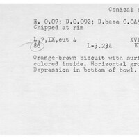 Index card with typed and handwritten information, sometimes including a sketch, of pottery from an excavation.