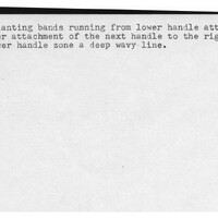 Index card with typed and handwritten information, sometimes including a sketch, of pottery from an excavation.