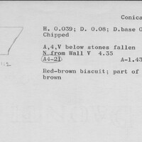 Index card with typed and handwritten information, sometimes including a sketch, of pottery from an excavation.