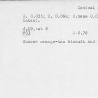 Index card with typed and handwritten information, sometimes including a sketch, of pottery from an excavation.