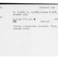Index card with typed and handwritten information, sometimes including a sketch, of pottery from an excavation.