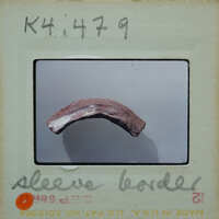 This is an image of a fossilized bone fragment with a label and handwritten notes on it, suggesting it's from an archaeological or paleontological collection.