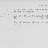 Index card with typed and handwritten information, sometimes including a sketch, of pottery from an excavation.