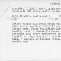 Index card with typed and handwritten information, sometimes including a sketch, of pottery from an excavation.