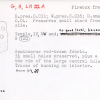 Index card with typed and handwritten information, sometimes including a sketch, of pottery from an excavation.
