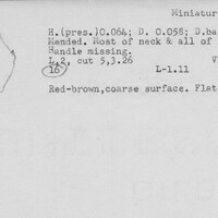 Index card with typed and handwritten information, sometimes including a sketch, of pottery from an excavation.