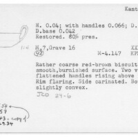 Index card with typed and handwritten information, sometimes including a sketch, of pottery from an excavation.