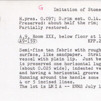 Index card with typed and handwritten information, sometimes including a sketch, of pottery from an excavation.