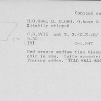 Index card with typed and handwritten information, sometimes including a sketch, of pottery from an excavation.