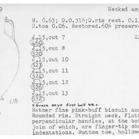 Index card with typed and handwritten information, sometimes including a sketch, of pottery from an excavation.