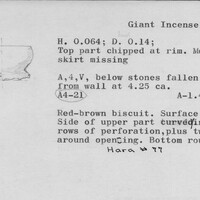 Index card with typed and handwritten information, sometimes including a sketch, of pottery from an excavation.