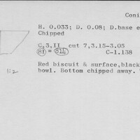 Index card with typed and handwritten information, sometimes including a sketch, of pottery from an excavation.