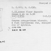 Index card with typed and handwritten information, sometimes including a sketch, of pottery from an excavation.