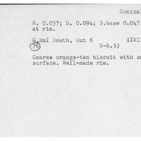 Index card with typed and handwritten information, sometimes including a sketch, of pottery from an excavation.