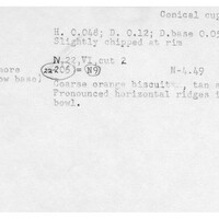 Index card with typed and handwritten information, sometimes including a sketch, of pottery from an excavation.
