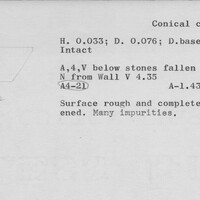 Index card with typed and handwritten information, sometimes including a sketch, of pottery from an excavation.