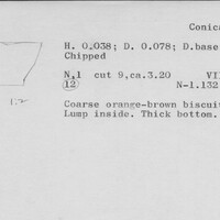 Index card with typed and handwritten information, sometimes including a sketch, of pottery from an excavation.