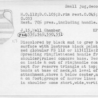 Index card with typed and handwritten information, sometimes including a sketch, of pottery from an excavation.