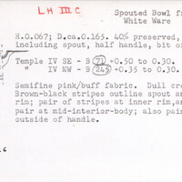 Index card with typed and handwritten information, sometimes including a sketch, of pottery from an excavation.