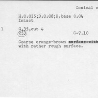 Index card with typed and handwritten information, sometimes including a sketch, of pottery from an excavation.