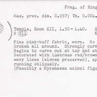 Index card with typed and handwritten information, sometimes including a sketch, of pottery from an excavation.
