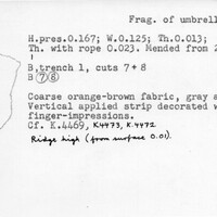 Index card with typed and handwritten information, sometimes including a sketch, of pottery from an excavation.